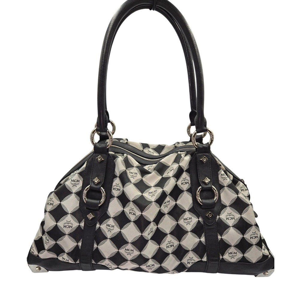 MCM Black & White Coated Canvas Shoulder Bag Satchel Designer Handbag Purse